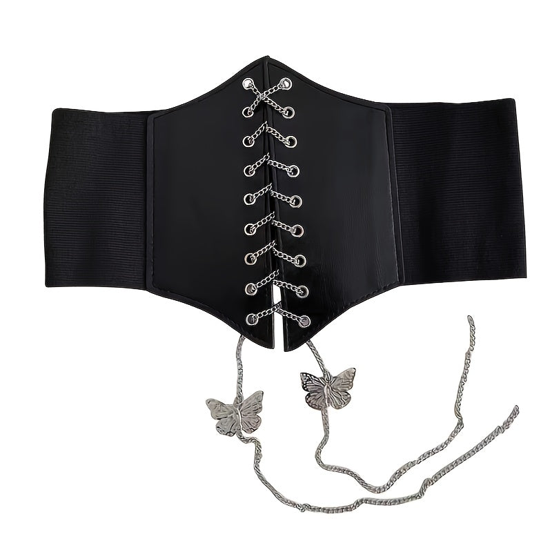 1pc Women'S Wide Court Style Corset Belt with Butterfly Chain Embroidery, Casual Stretchy Faux Leather Waist Cincher, Adjustable Lace-Up Design for Weekend Wear